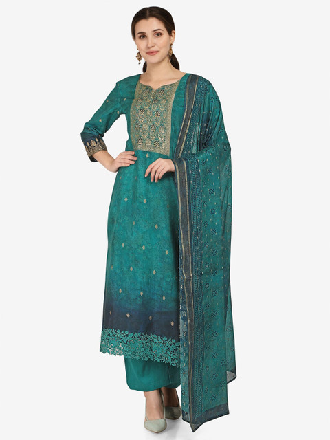 

Jansi Green & Gold-Toned Unstitched Dress Material