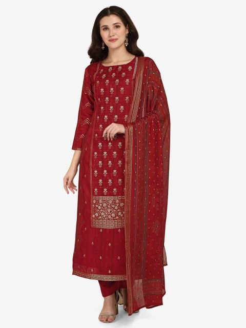 

Jansi Red & Gold-Toned Printed Unstitched Dress Material