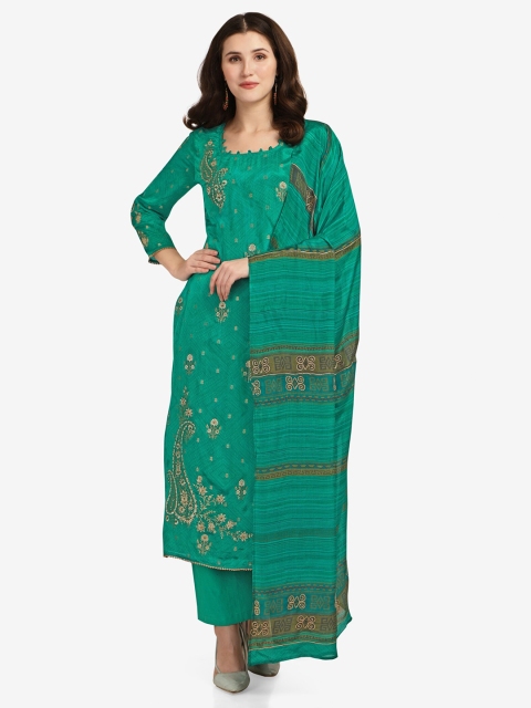 

Jansi Green & Gold-Toned Printed Unstitched Dress Material