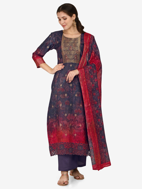 

Jansi Navy Blue & Red Printed Unstitched Dress Material
