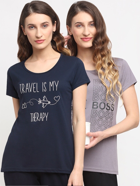 

Kanvin Women Pack Of 2 Printed Lounge T-Shirts, Navy blue