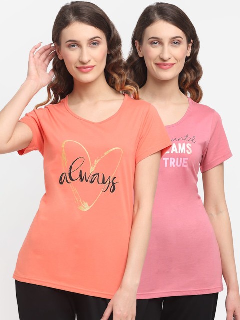 

Kanvin Women Pack Of 2 Orange & Pink Printed Lounge Tshirts