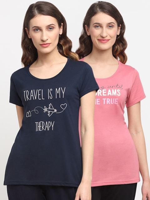 

Kanvin Women Pack Of 2 Printed Lounge Tshirts, Navy blue