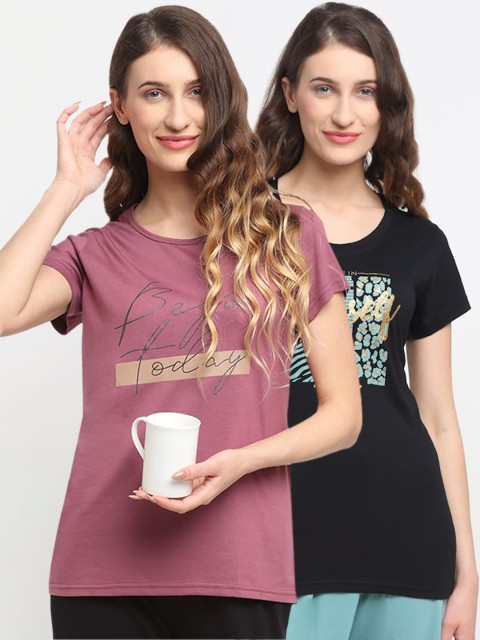 

Kanvin Women Pack Of 2 Printed Lounge T-Shirts, Black