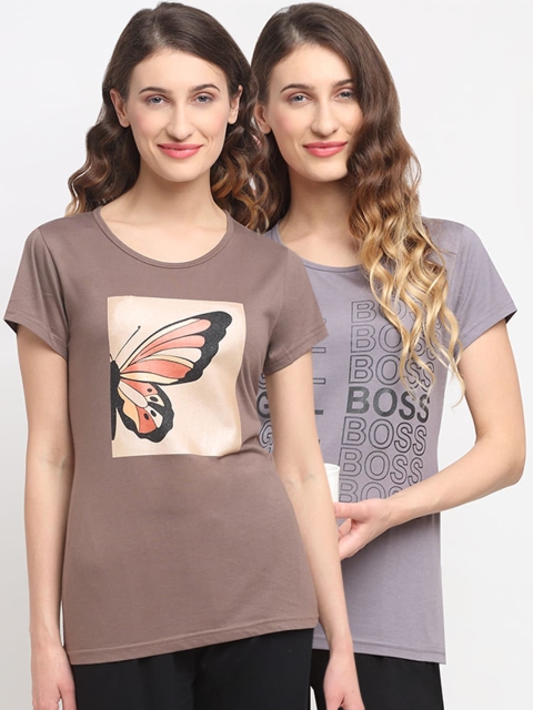 

Kanvin Women Pack Of 2 Printed Lounge T-Shirts, Brown