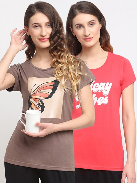 

Kanvin Women Pack Of 2 Printed Lounge T-Shirts, Red