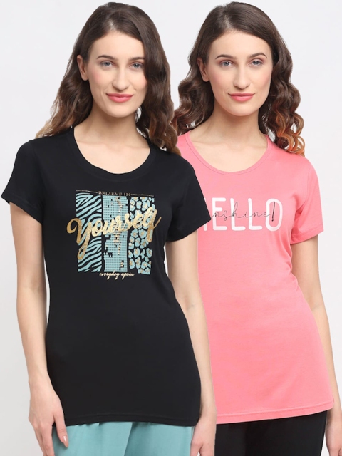 

Kanvin Women Pack Of 2 Printed Lounge T-Shirts, Black