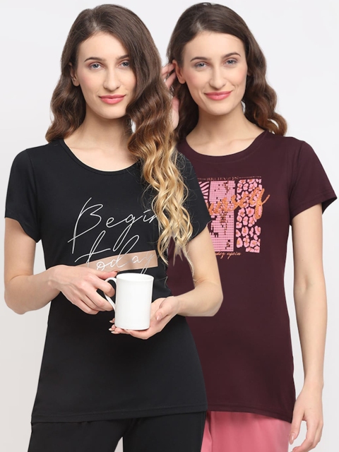 

Kanvin Women Pack Of 2 Printed Lounge Tshirts, Brown