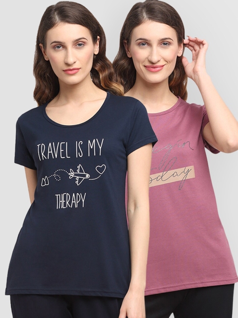 

Kanvin Women Pack Of 2 Printed Lounge T-Shirts, Navy blue