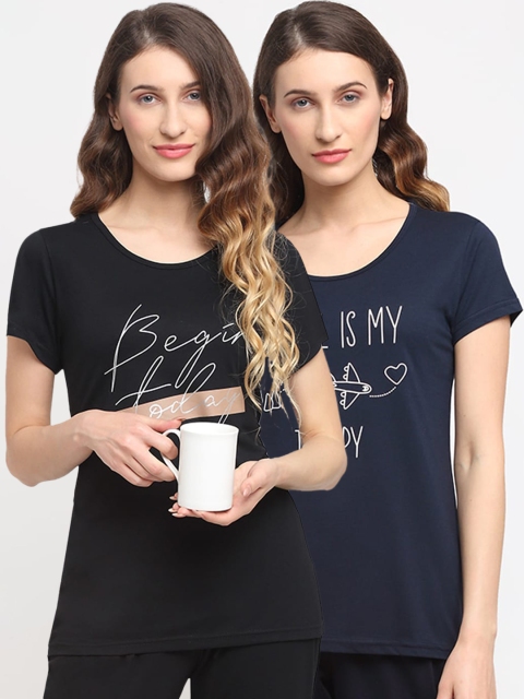 

Kanvin Women Pack Of 2 Printed Lounge Tshirts, Navy blue