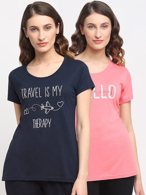 

Kanvin Women Pack Of 2 Printed Lounge T-shirts, Navy blue