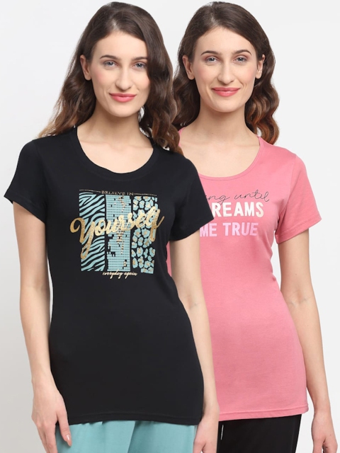 

Kanvin Women Pack Of 2 Printed Lounge T-Shirts, Black