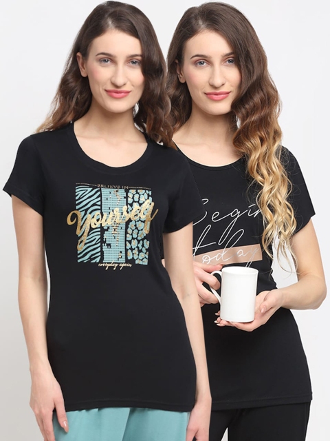 

Kanvin Women Pack Of 2 Black Printed Lounge Tshirts
