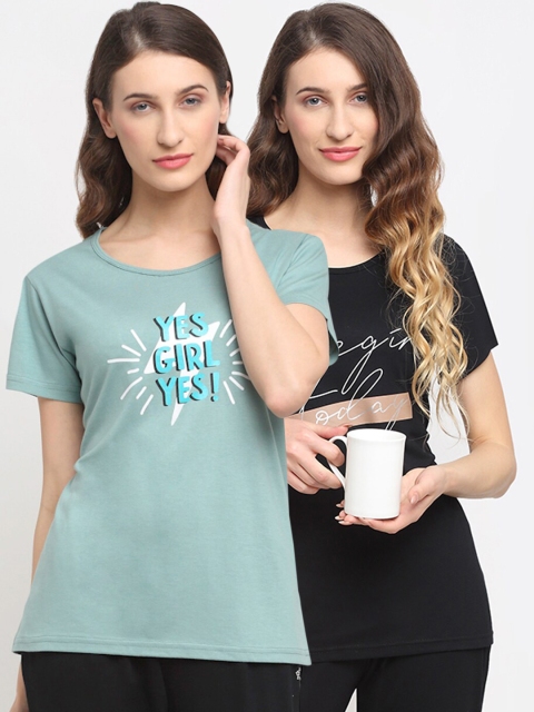 

Kanvin Women Pack Of 2 Green & Black Printed Lounge Tshirts