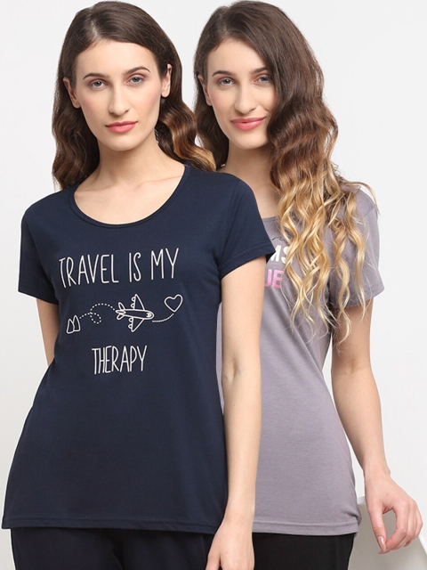 

Kanvin Women Pack Of 2 Printed Lounge T-Shirts, Navy blue