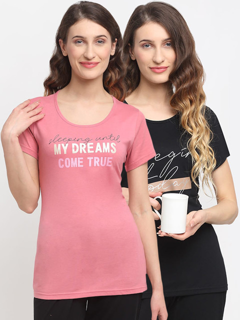 

Kanvin Women Pack of 2 Black & Pink Printed Cotton Lounge Tshirts