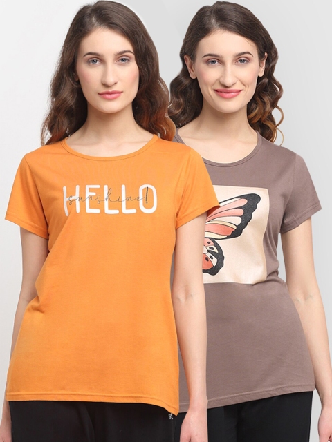 

Kanvin Women Pack Of 2 Printed Lounge Tshirts, Orange