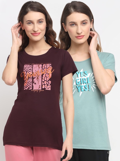 

Kanvin Women Pack Of 2 Printed Lounge T-shirts, Brown