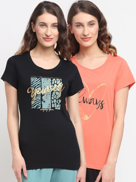 

Kanvin Women Pack Of 2 Printed Lounge T-Shirts, Black