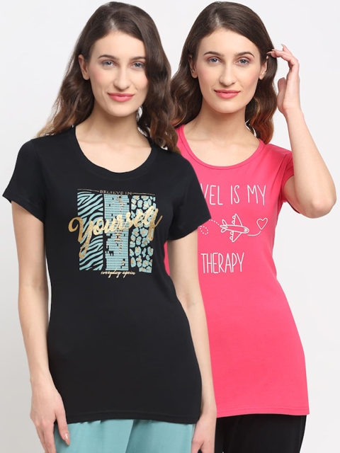 

Kanvin Women Pack Of 2 Pink & Black Printed Lounge Tshirts