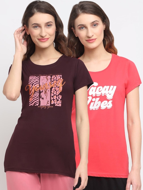 

Kanvin Women Pack Of 2 Printed Lounge T-Shirts, Red