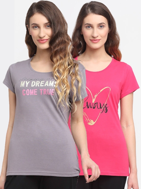 

Kanvin Women Pack of 2 Pink & Grey Printed Lounge Tshirts