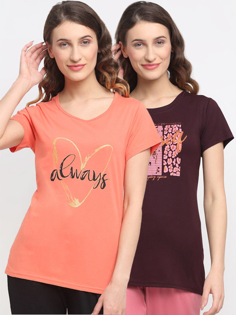 

Kanvin Women Pack Of 2 Printed Lounge T-Shirts, Brown
