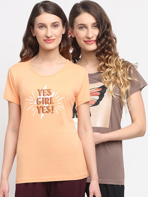 

Kanvin Women Pack of 2 Peach & Brown Printed Cotton Lounge Tshirts