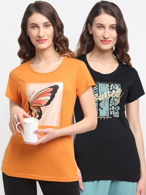 

Kanvin Women Pack Of 2 Printed Lounge T-Shirts, Black