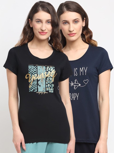 

Kanvin Women Pack Of 2 Printed Lounge T-shirts, Navy blue