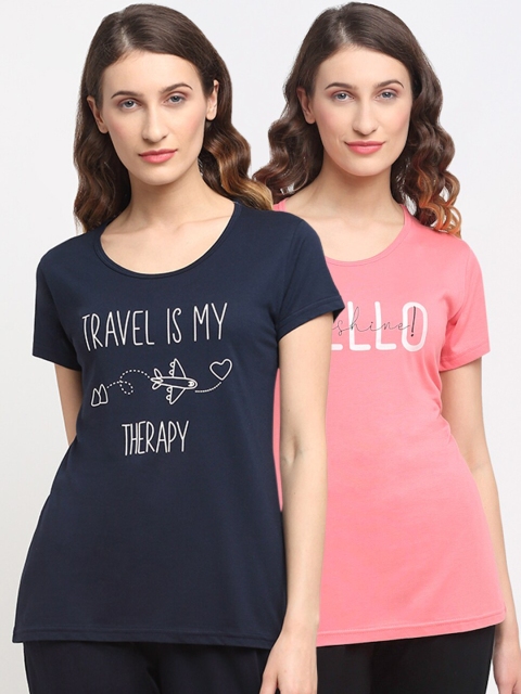 

Kanvin Women Pack of 2 Pink & Navy Blue Printed Lounge Tshirts