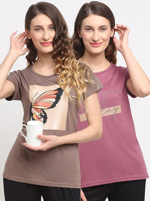 

Kanvin Women Pack Of 2 Printed Lounge T-Shirts, Purple