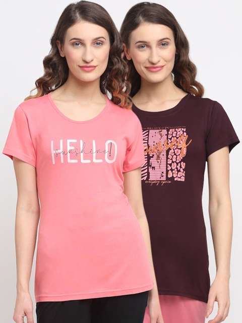 

Kanvin Women Pack of 2 Burgundy & Pink Printed Cotton Lounge Tshirts