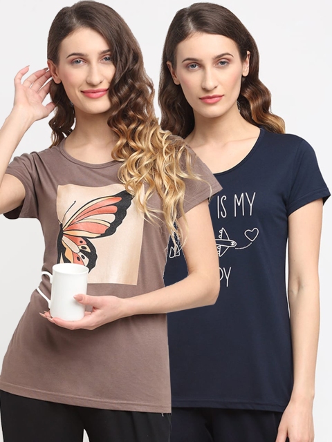 

Kanvin Women Pack Of 2 Printed Lounge Tshirts, Navy blue