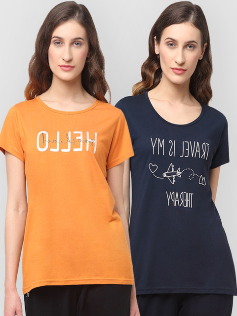 

Kanvin Women Pack of 2 Navy Blue & Orange Printed Cotton Lounge Tshirts