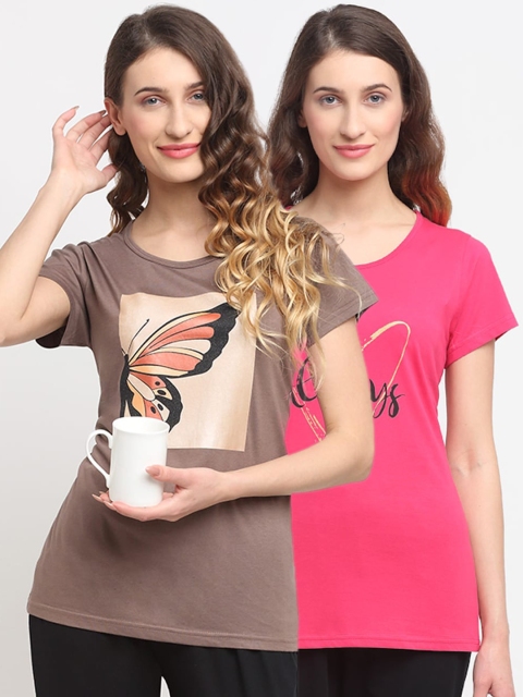 

Kanvin Women Pack Of 2 Brown & Pink Printed Lounge Tshirts