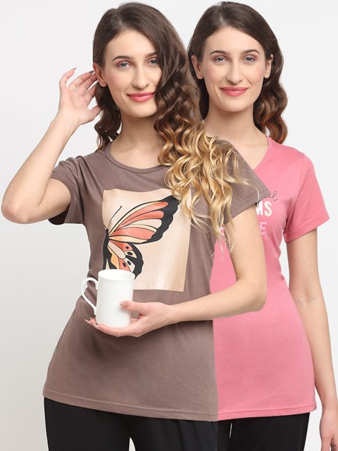 

Kanvin Women Pack Of 2 Printed Lounge T-Shirts, Brown