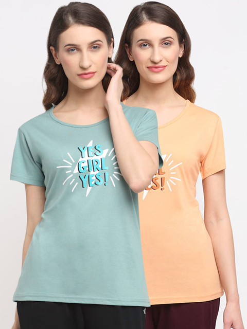 

Kanvin Women Pack Of 2 Printed Lounge T-Shirts, Peach