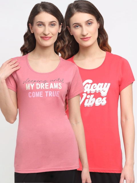 

Kanvin Women Pack of 2 Red & Pink Printed Cotton Lounge Tshirts