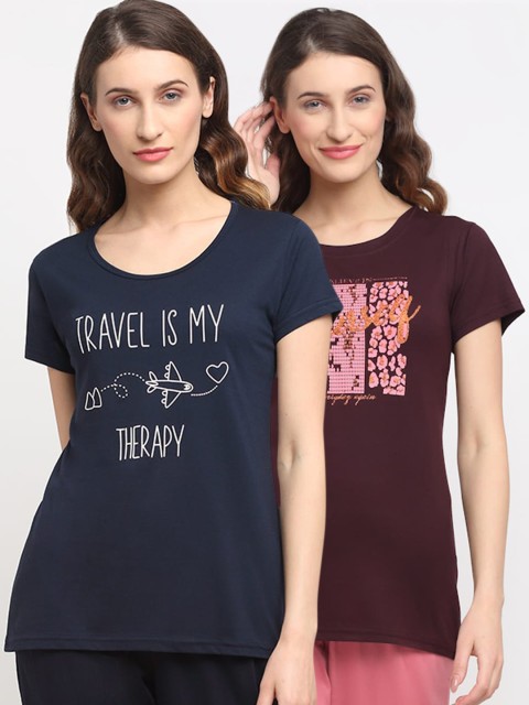 

Kanvin Women Pack Of 2 Printed Lounge T-shirts, Navy blue