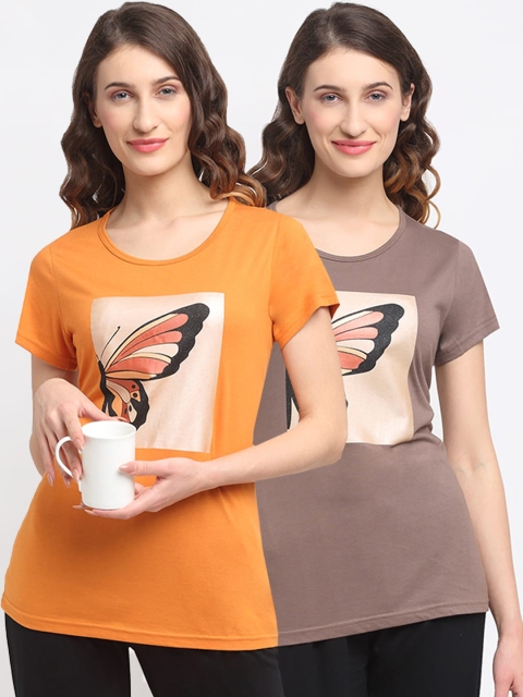 

Kanvin Women Pack Of 2 Printed Lounge T-Shirts, Brown