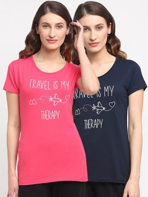 

Kanvin Women Pack Of 2 Printed Lounge T-Shirts, Navy blue