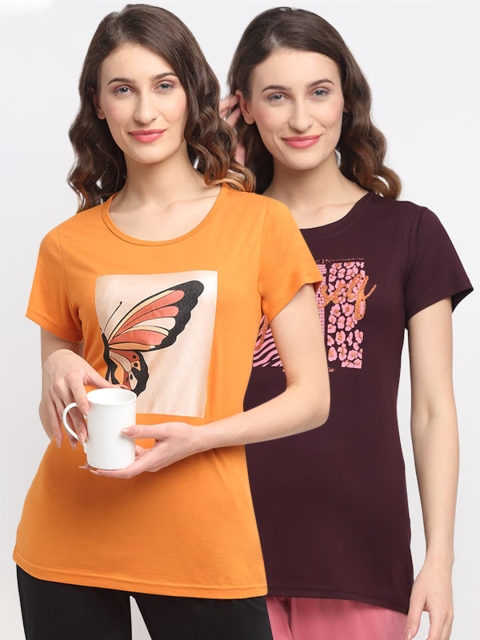 

Kanvin Women Pack Of 2 Brown & Orange Printed Lounge Tshirts