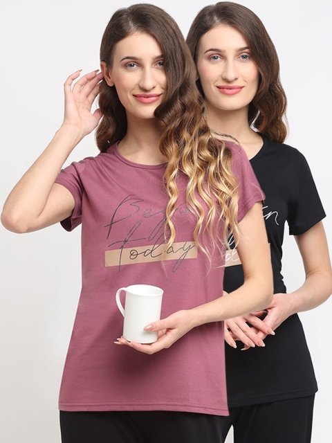 

Kanvin Women Pack Of 2 Printed Lounge T-Shirts, Black