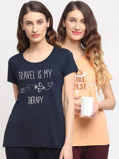 

Kanvin Women Pack Of 2 Printed Lounge T-Shirts, Navy blue