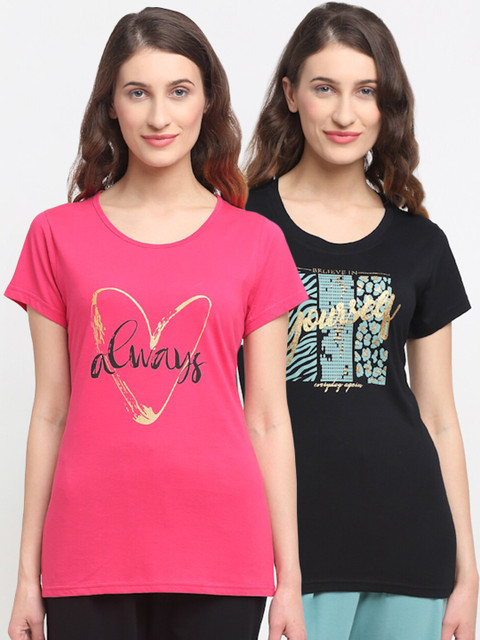 

Kanvin Women Pack Of 2 Printed Lounge T-Shirts, Black