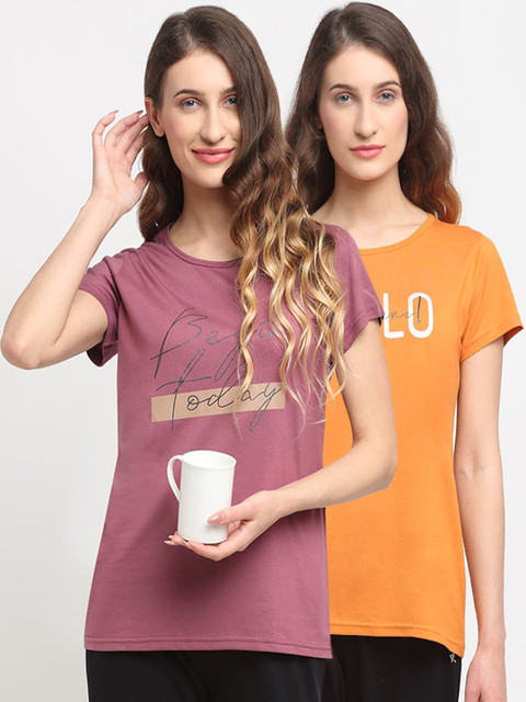 

Kanvin Women Pack Of 2 Printed Lounge T-Shirts, Orange