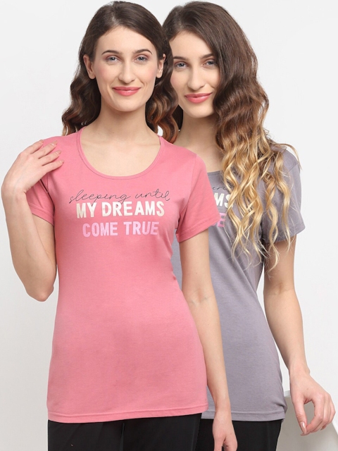 

Kanvin Women Pack of 2 Grey & Pink Printed Lounge Tshirts