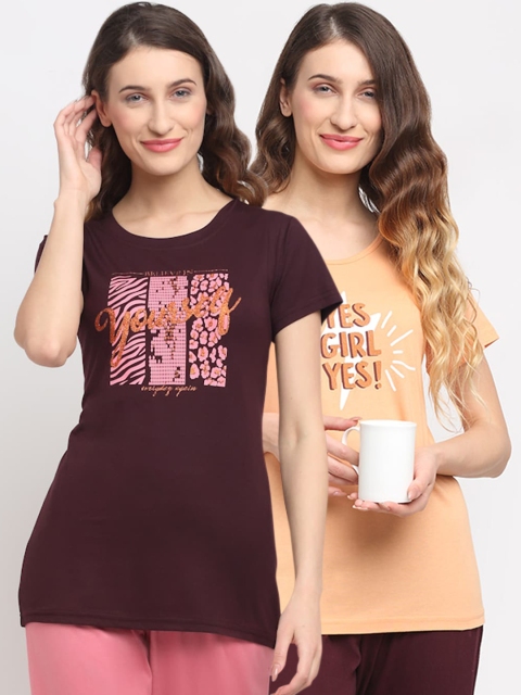 

Kanvin Women Pack Of 2 Printed Lounge T-Shirts, Brown