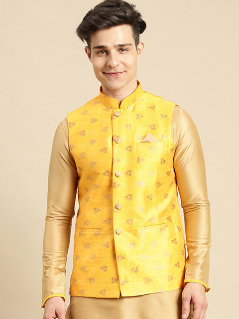 

Sanwara Men Yellow Woven Design Nehru Jacket
